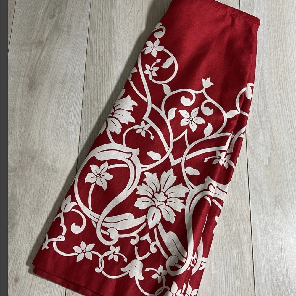 Red Floral Midi Skirt - Elegant White Scroll Print